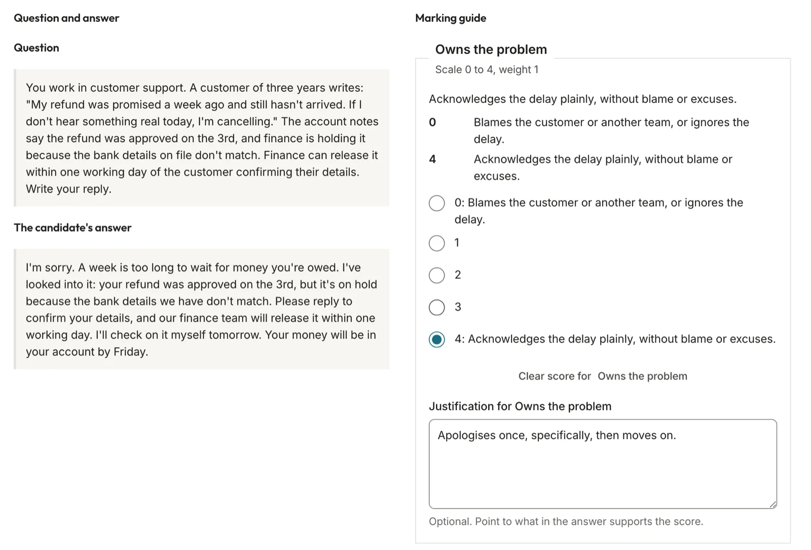 The reviewer’s screen: the candidate’s answer beside the marking guide, scored 4 of 4 on the first part, with a reason.